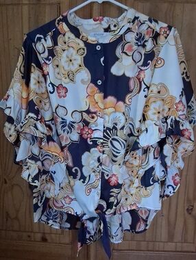 Chico's Navy & Cream Floral Ruffle Tie-Front Button Down